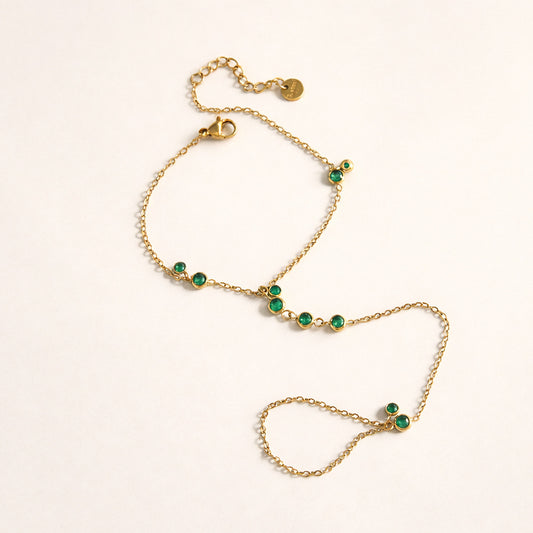 Gold-plated emerald station hand chain on a model hand, ring-to-wrist chain bracelet with green stones.
