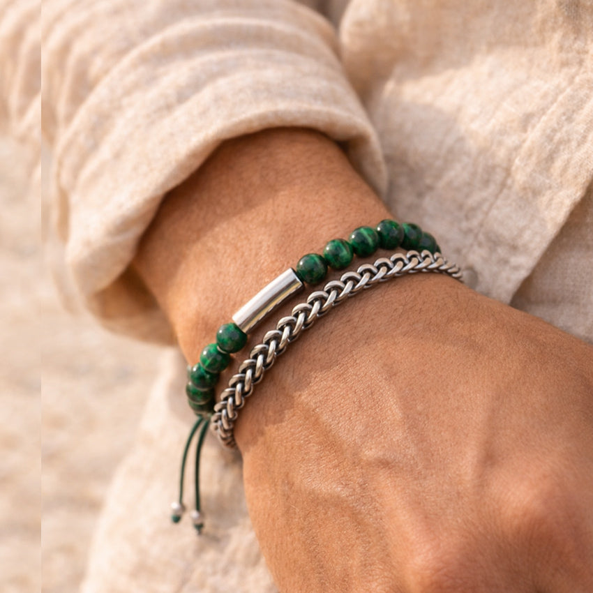 Men’s bracelet stack set with stainless steel chain and deep green stone bead bracelet on wrist