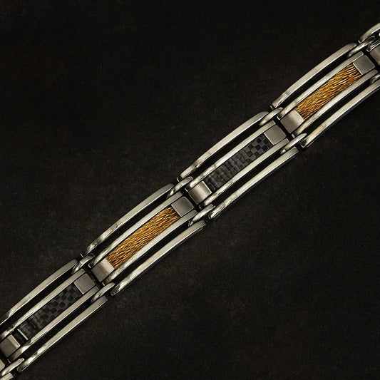 Carbon inlay stainless steel bracelet close-up showing linear links and inlay detailing
