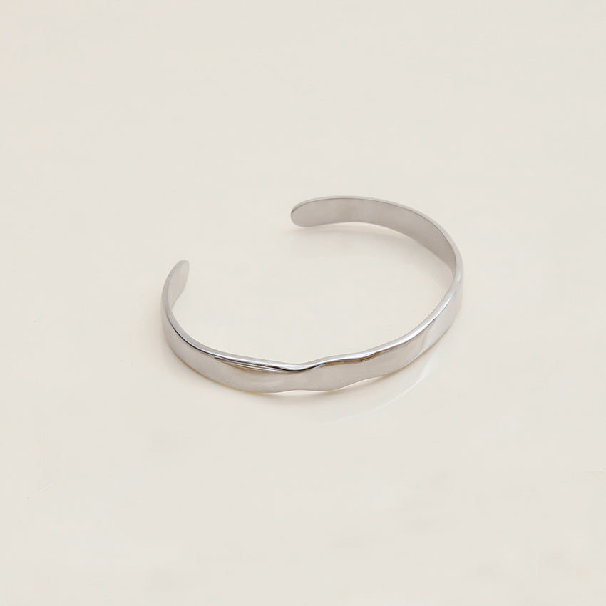 Sculpted wave cuff bangle product view, silver tone