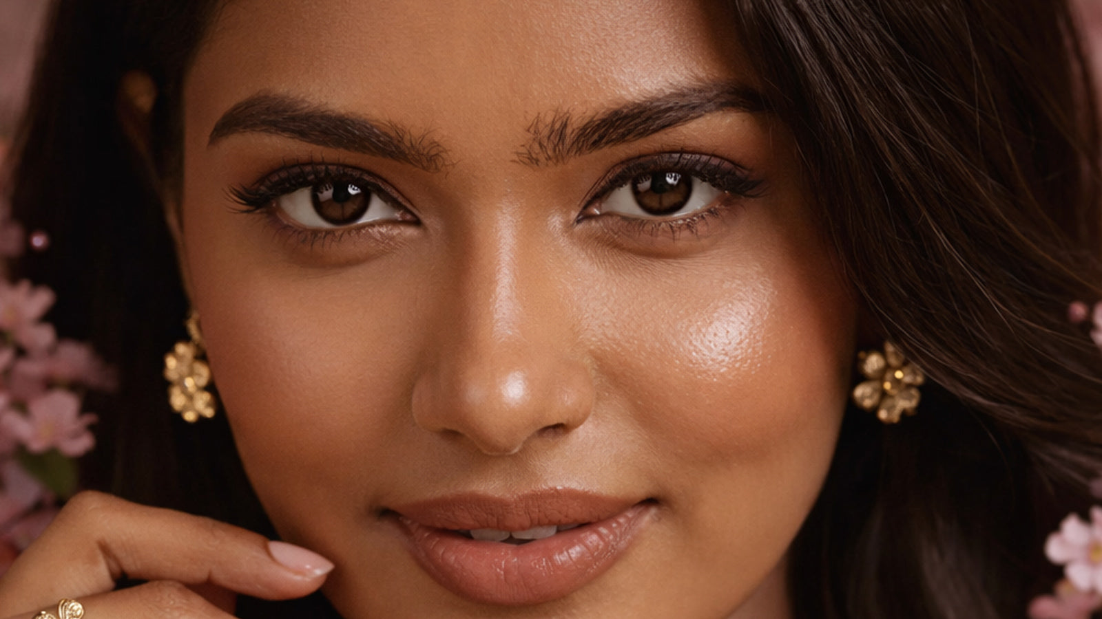Close-up of a woman's face with floral background