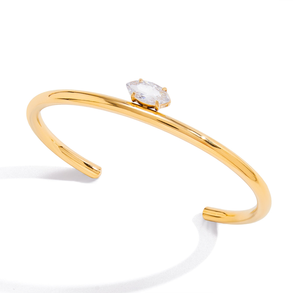Marquise zircon open gold cuff bracelet product view, polished gold finish and clear zircon stone