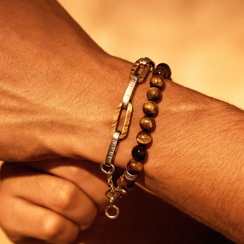 Atlas Link Bracelet in stainless steel featuring alternating silver and gold chain links.