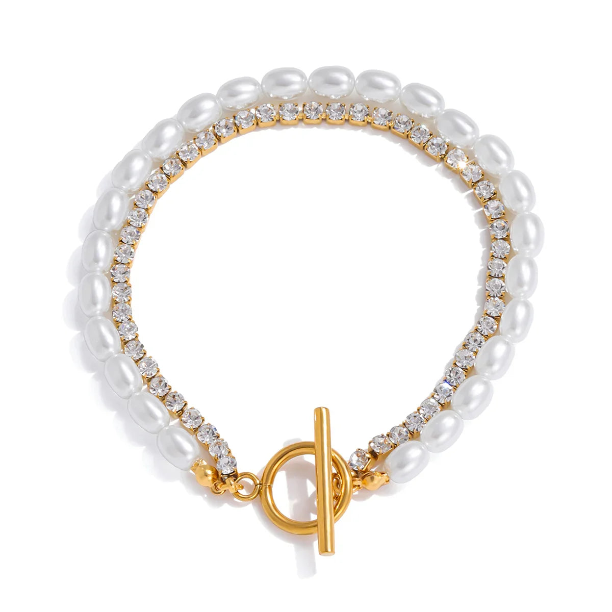 Pearl and crystal gold toggle bracelet product view, double strand with toggle closure